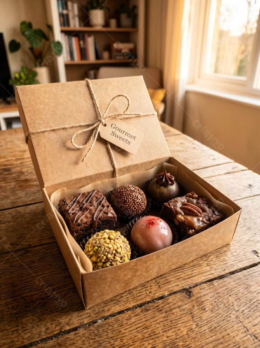 Foto Caixa de Doces Gourmet Variados Mesa de Madeira