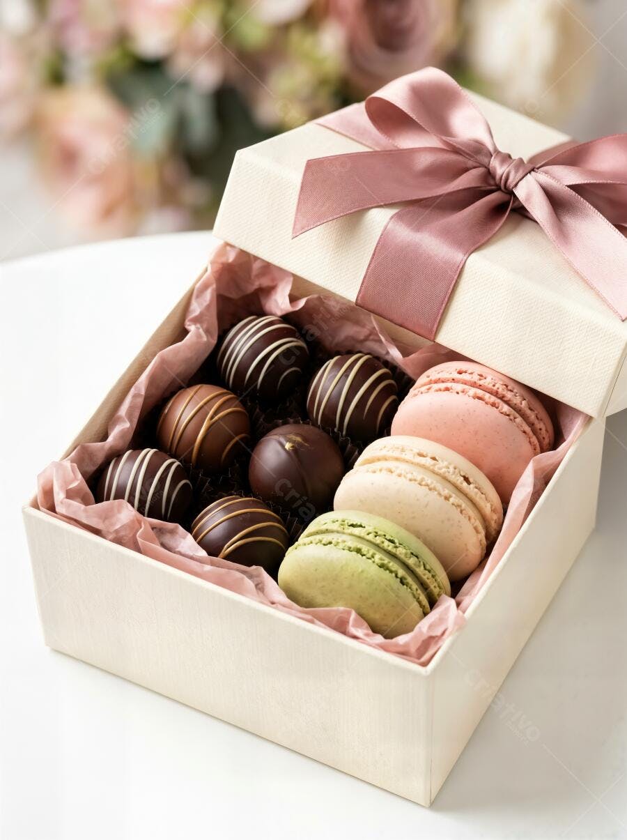 Foto Caixa de Presente com Bombons e Macarons Doces Finos