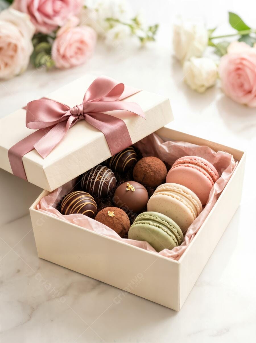 Foto Caixa de Presente com Doces Finos Macarons e Trufas