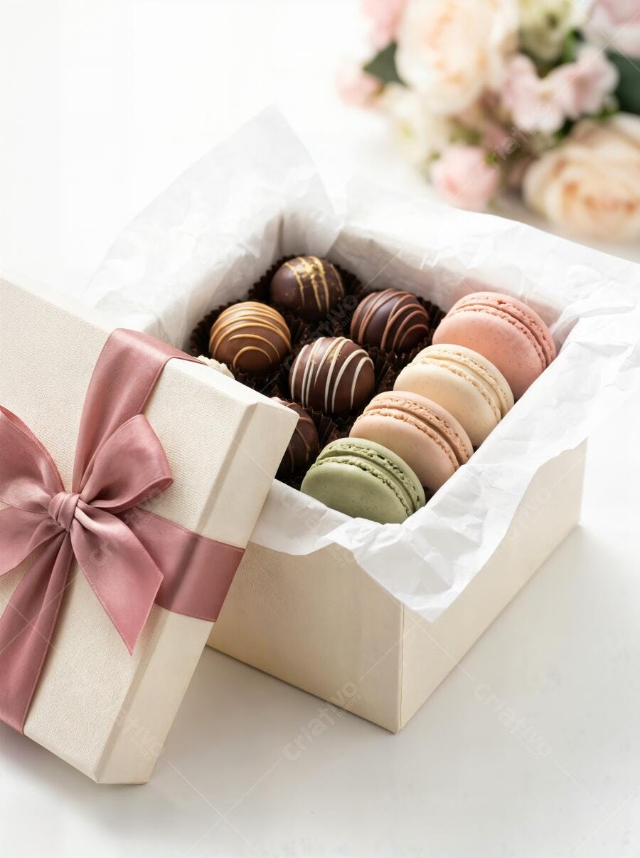 Foto Caixa de Presente com Doces Macarons e Trufas