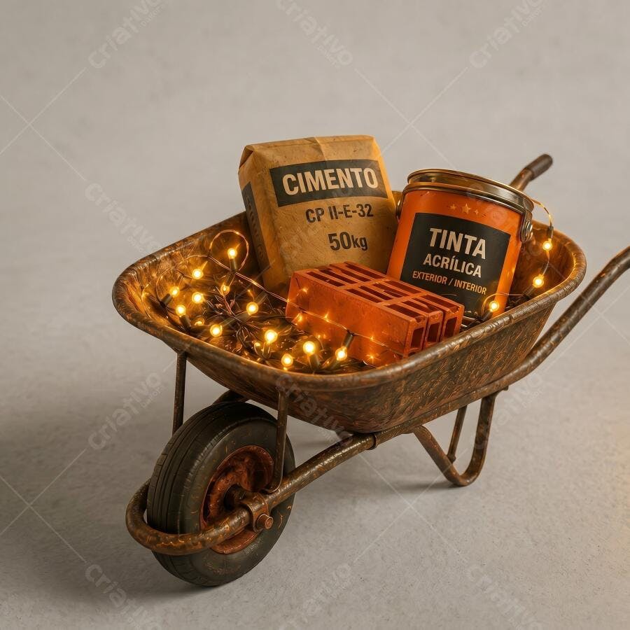 Foto Carrinho de Mão com Cimento Tinta Tijolos e Luzes Festivas