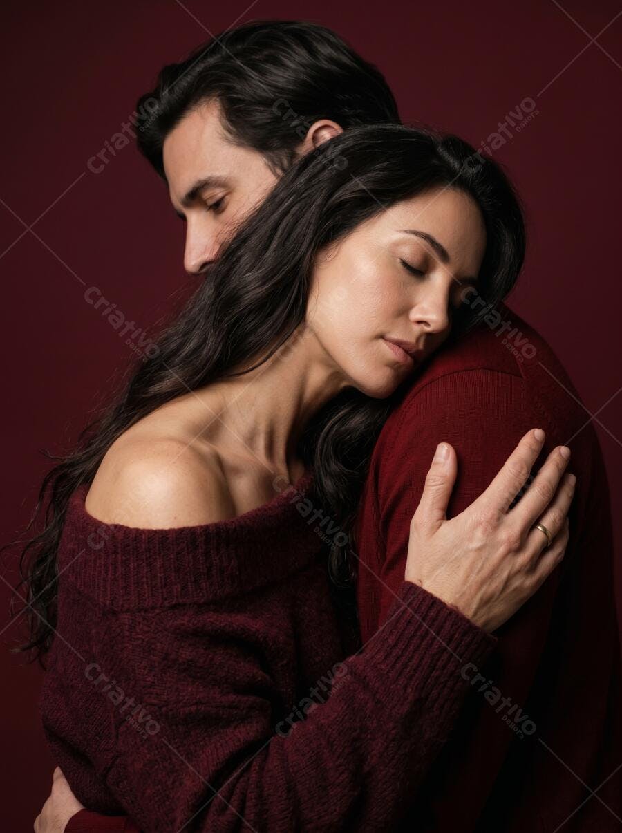 Foto Casal Abraçado Amor Intimidade Fundo Vermelho Escuro