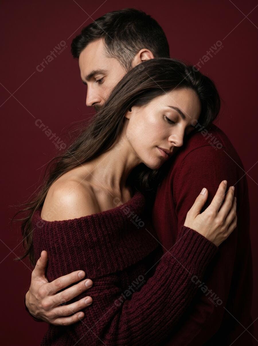 Foto Casal Abraçado Amor Intimidade Fundo Vermelho Escuro
