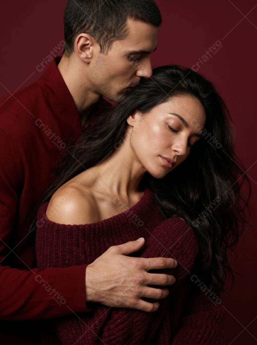 Foto Casal Abraçado Beijo Testa Fundo Vermelho Escuro