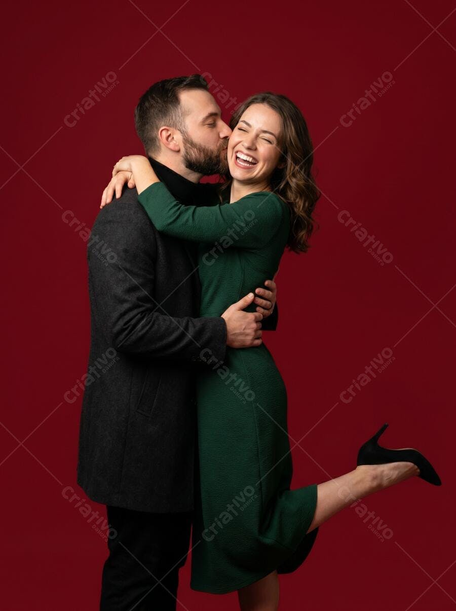 Foto Casal Abraçado Homem Beijando Mulher Feliz Fundo Vermelho