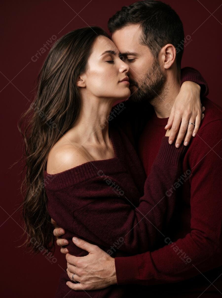 Foto Casal Abraçado Paixão Romântica Fundo Vermelho Escuro