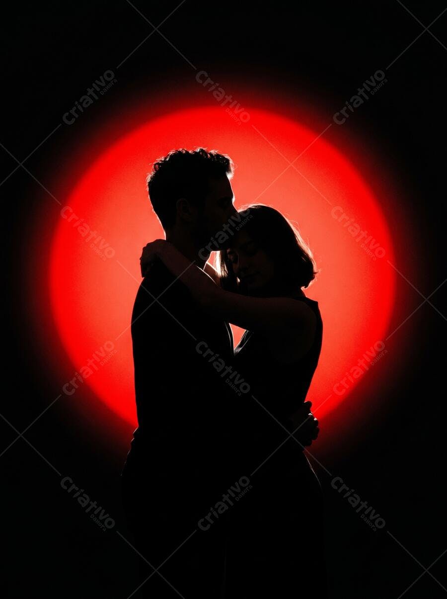 Foto Casal Abraçado Silhueta Luz Vermelha Romântica