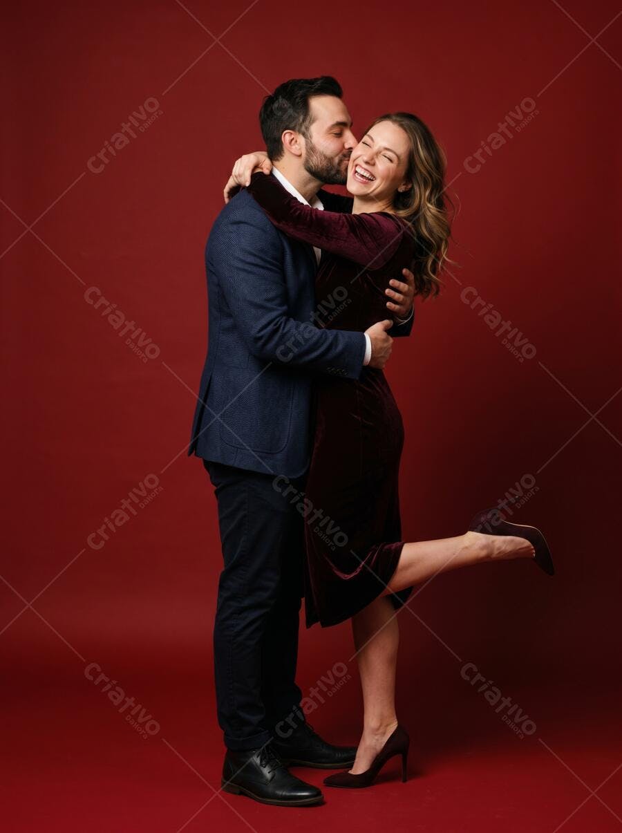 Foto Casal Abraçado Sorrindo Fundo Vermelho Paixão