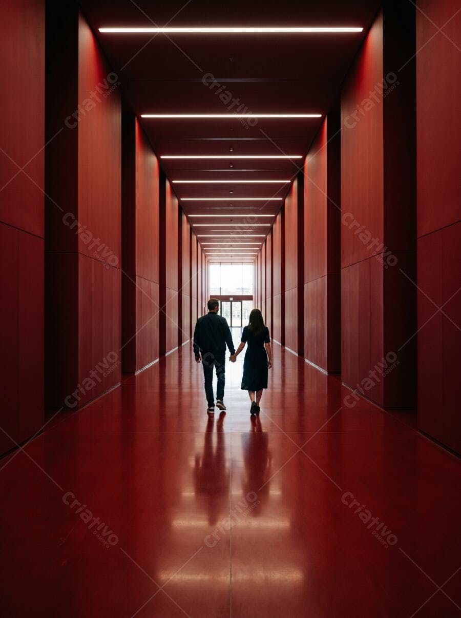 Foto Casal Andando Corredor Vermelho Iluminado