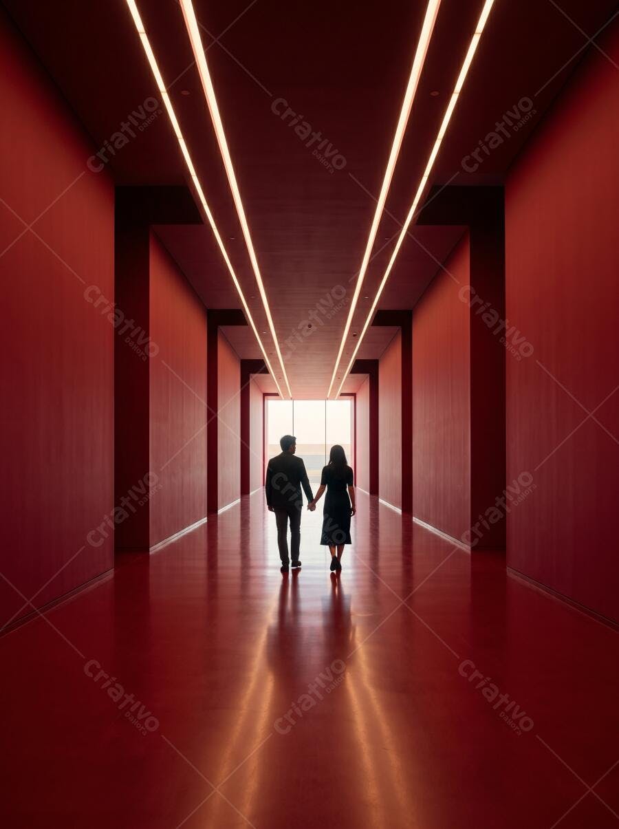 Foto Casal Andando de Mãos Dadas Corredor Vermelho Iluminado