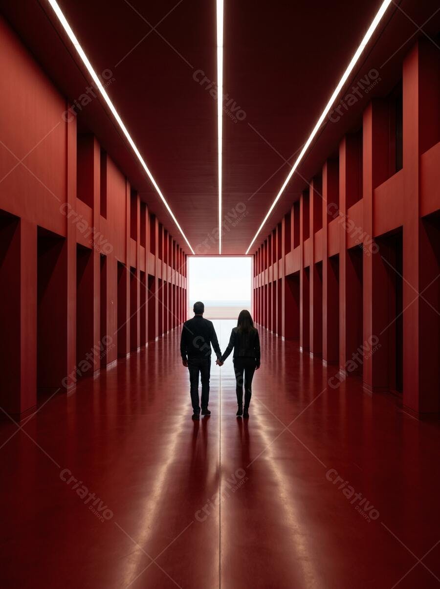 Foto Casal Andando Mãos Dadas Corredor Vermelho Iluminado
