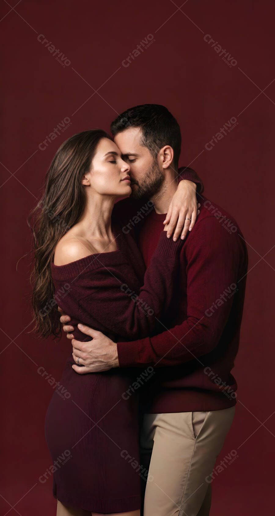 Foto Casal Apaixonado Abraçado Fundo Vermelho Escuro Romântico