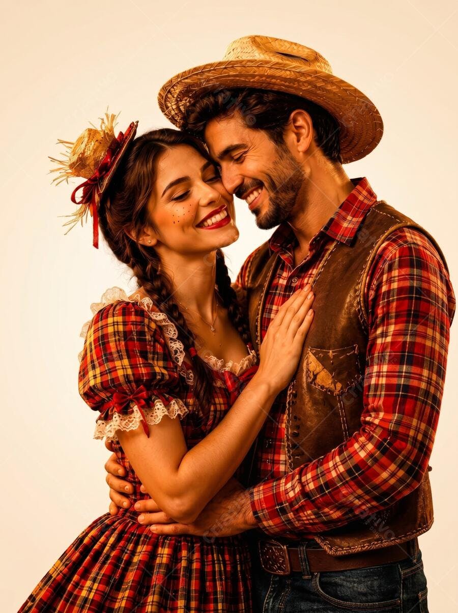 Foto Casal Caipira Feliz Abraçados Festa Junina São João