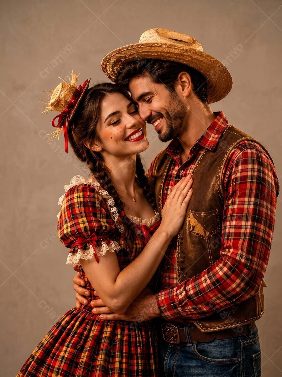 Foto Casal Caipira Sorrindo Abraçados Festa Junina São João