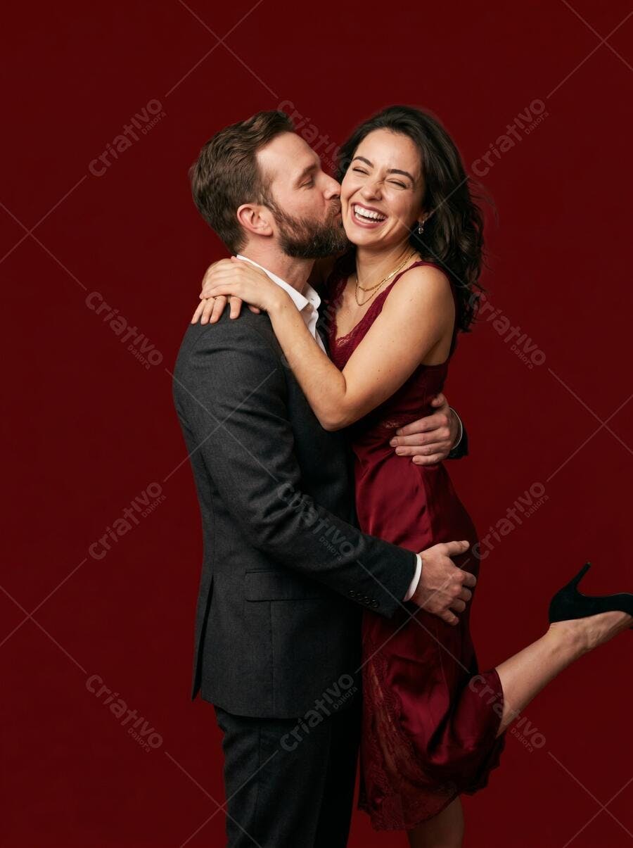 Foto Casal Feliz Abraçado Beijo Rosto Fundo Vermelho