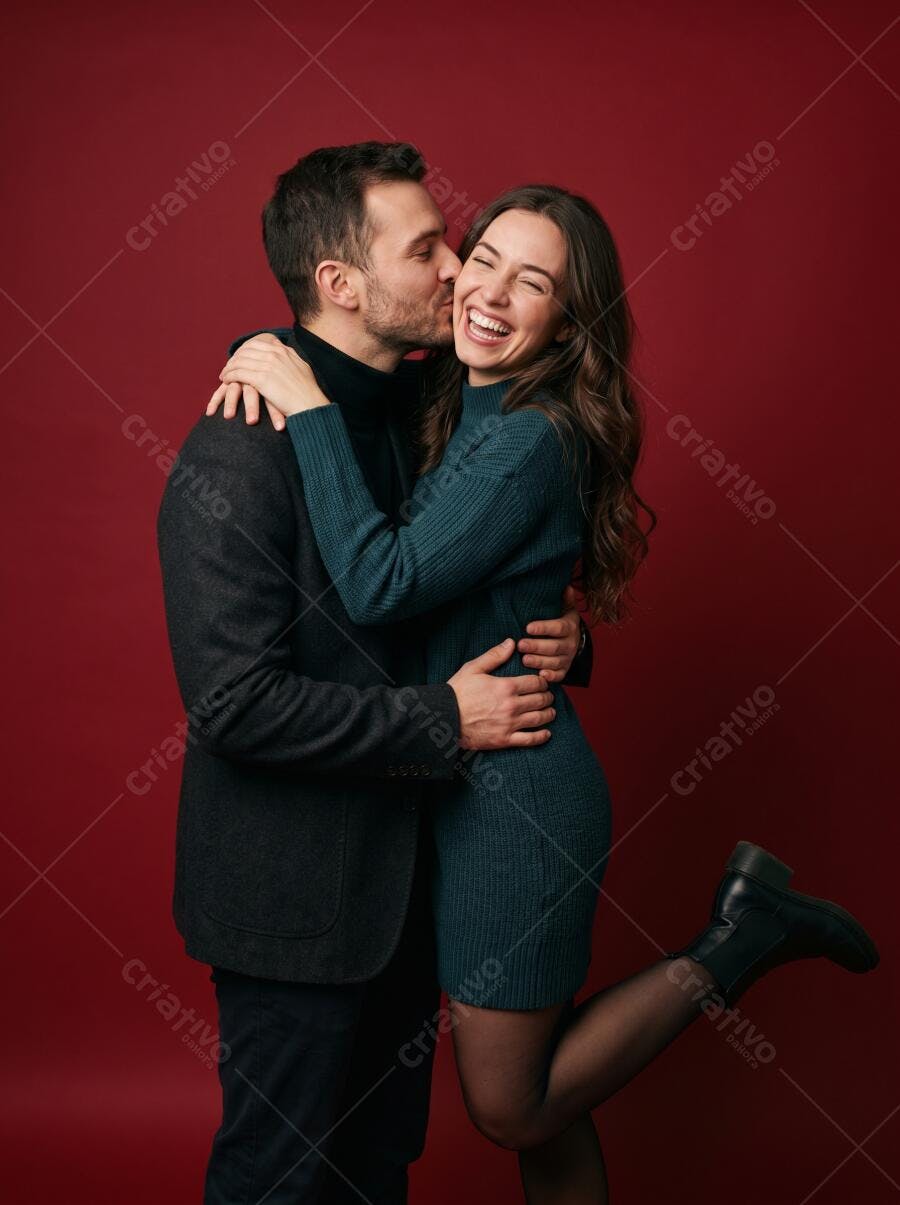Foto Casal Jovem Abraçado Beijo Sorrindo Fundo Vermelho