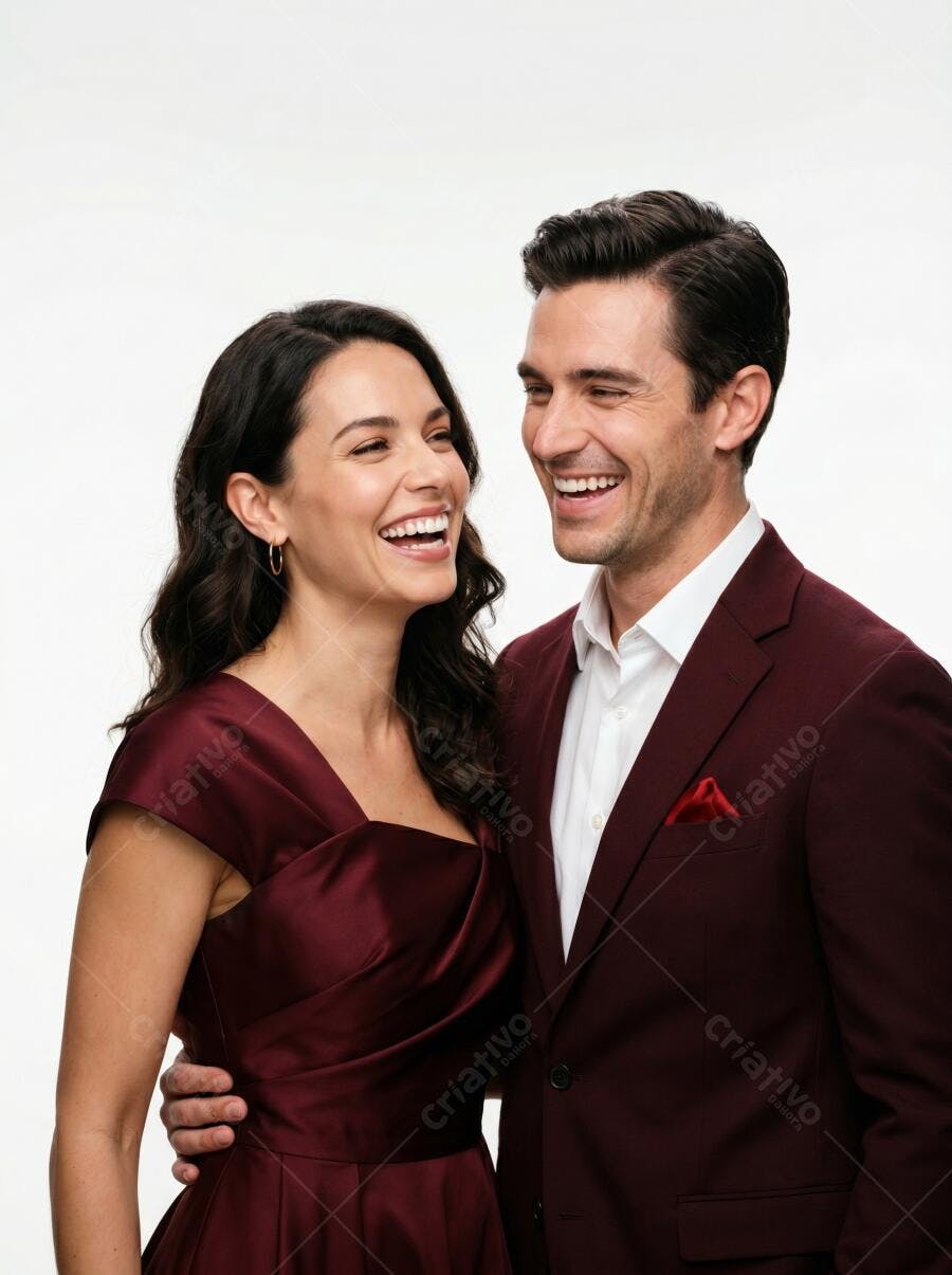 Foto Casal Sorrindo Feliz Vestido Social Fundo Branco