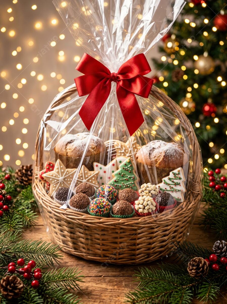 Foto Cesta de Natal com Panetone Biscoitos Doces