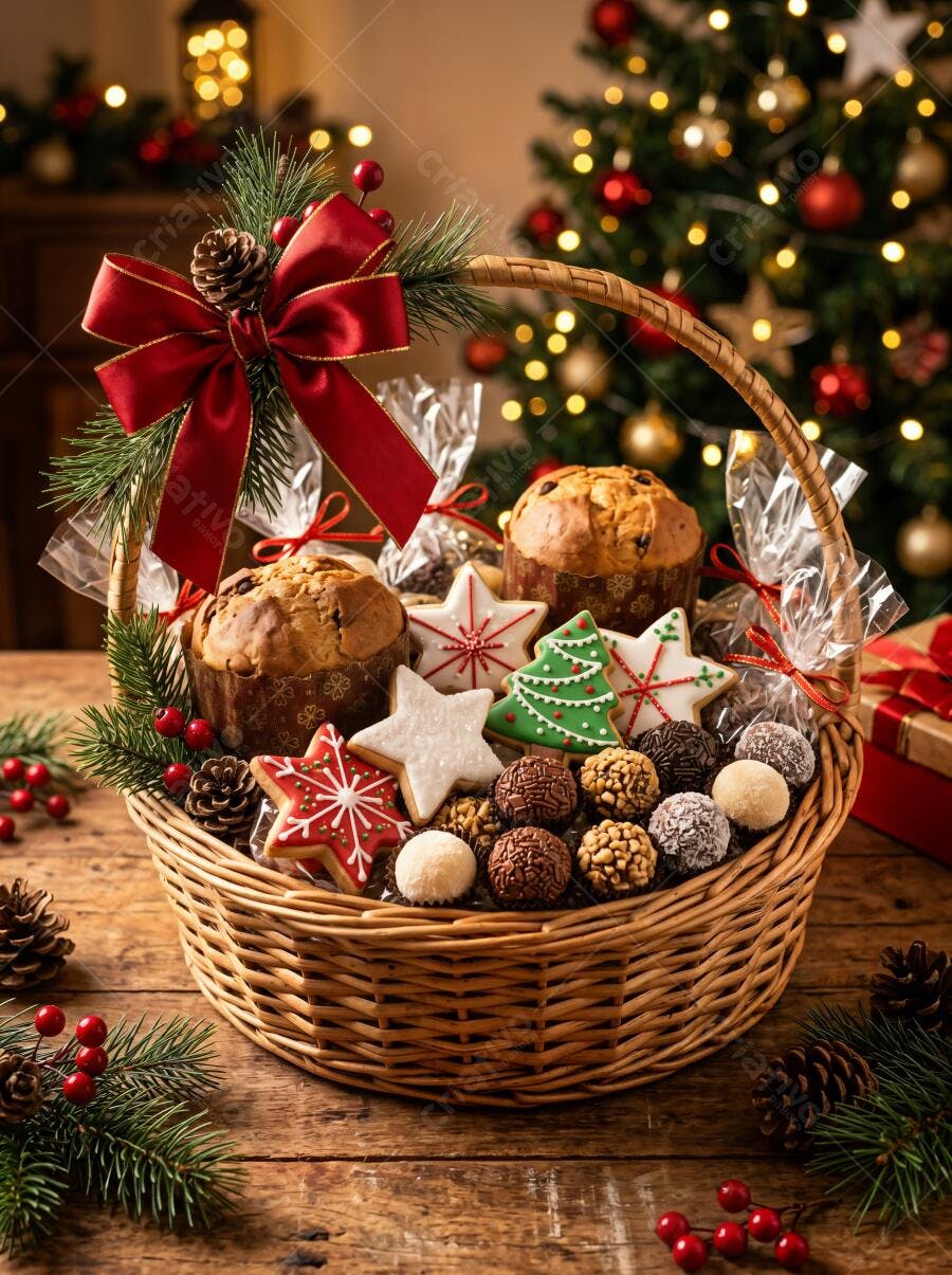 Foto Cesta de Natal com Panetone Biscoitos Doces Fundo Árvore Iluminada