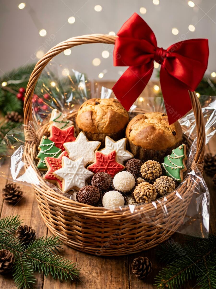 Foto Cesta de Natal com Panetone Biscoitos Doces