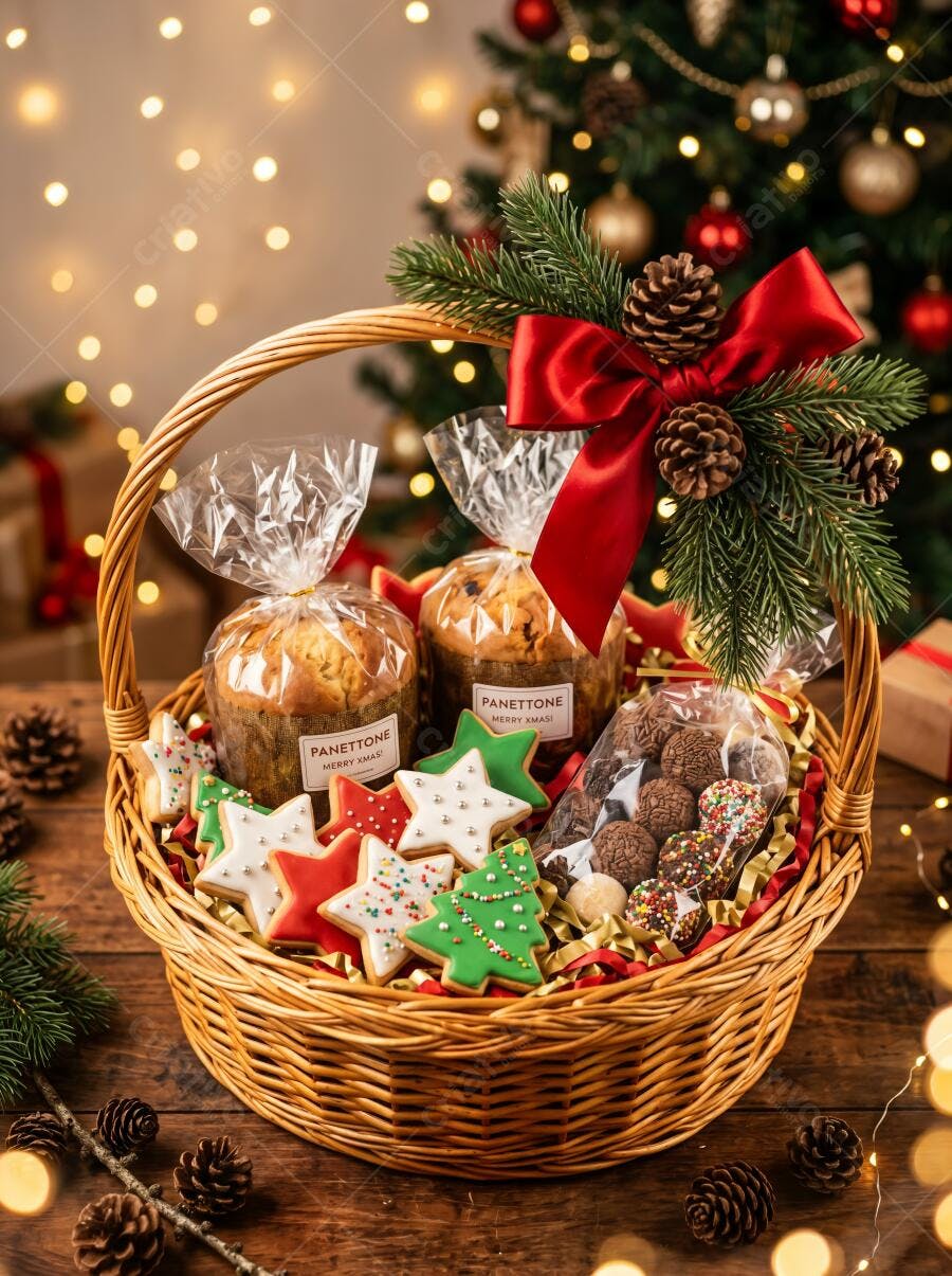 Foto Cesta de Natal com Panetones Biscoitos e Doces Fundo Árvore