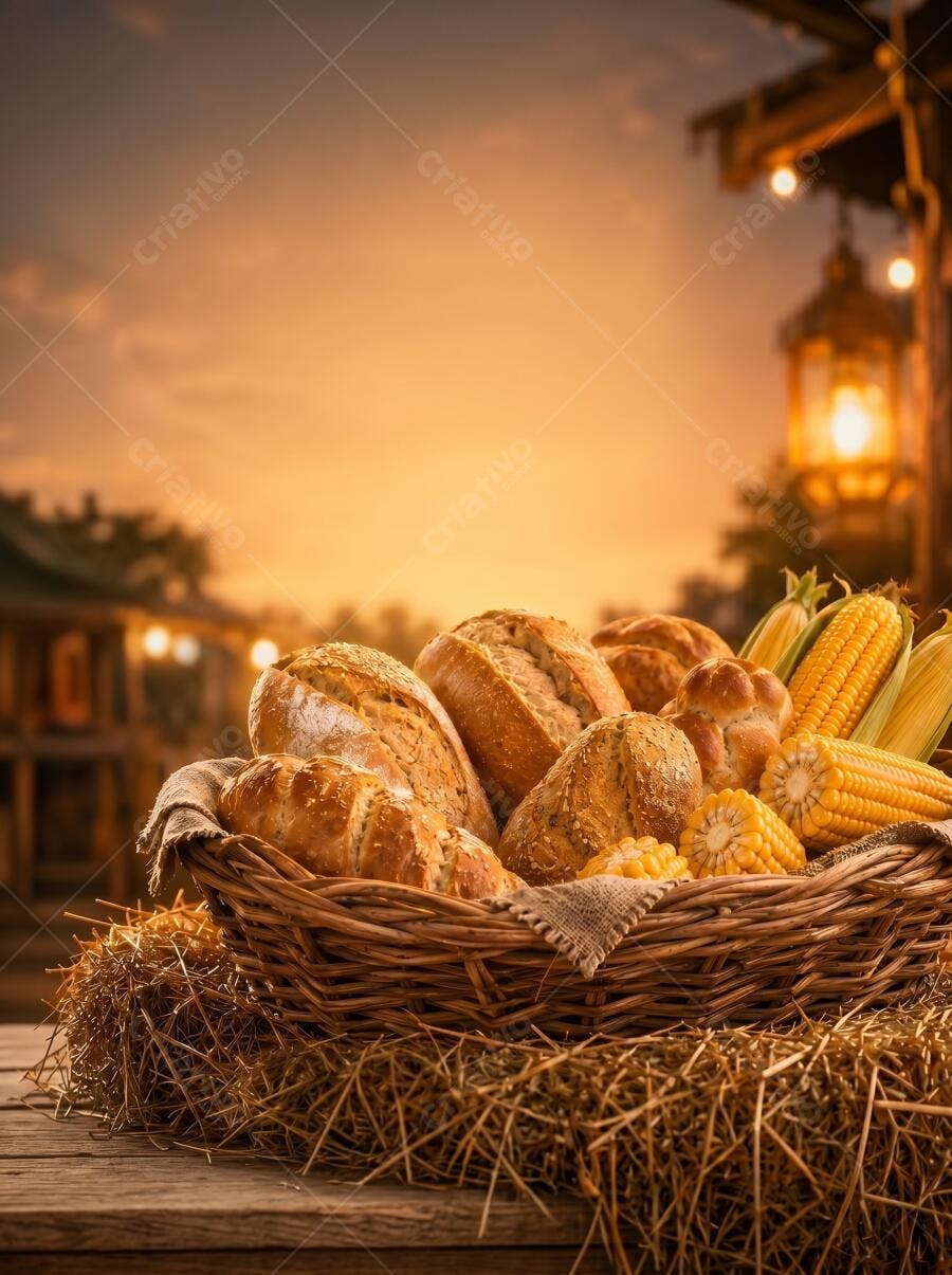 Foto Cesta de Pães e Milho Festa Junina Fundo Rural Dourado