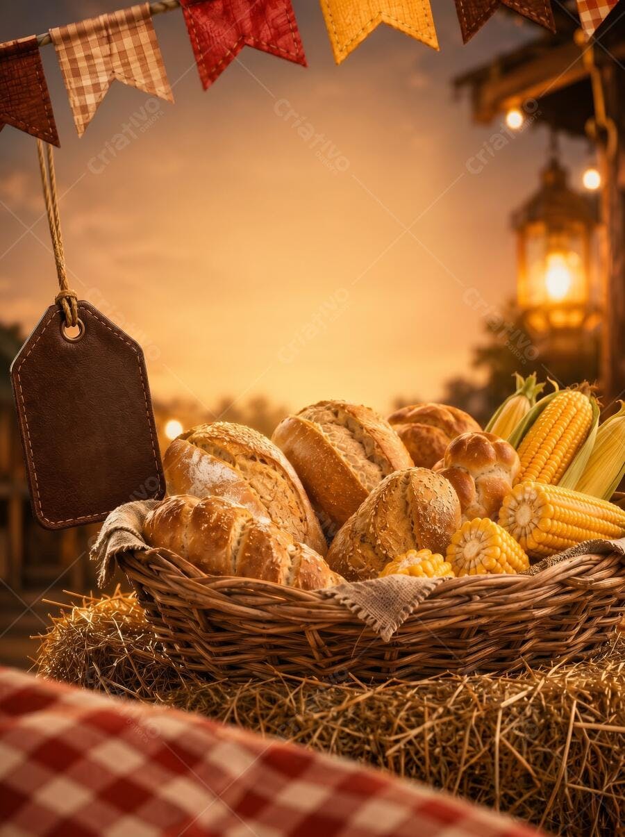 Foto Cesta Pães Milho Festa Junina Arraial Fundo Céu Laranja