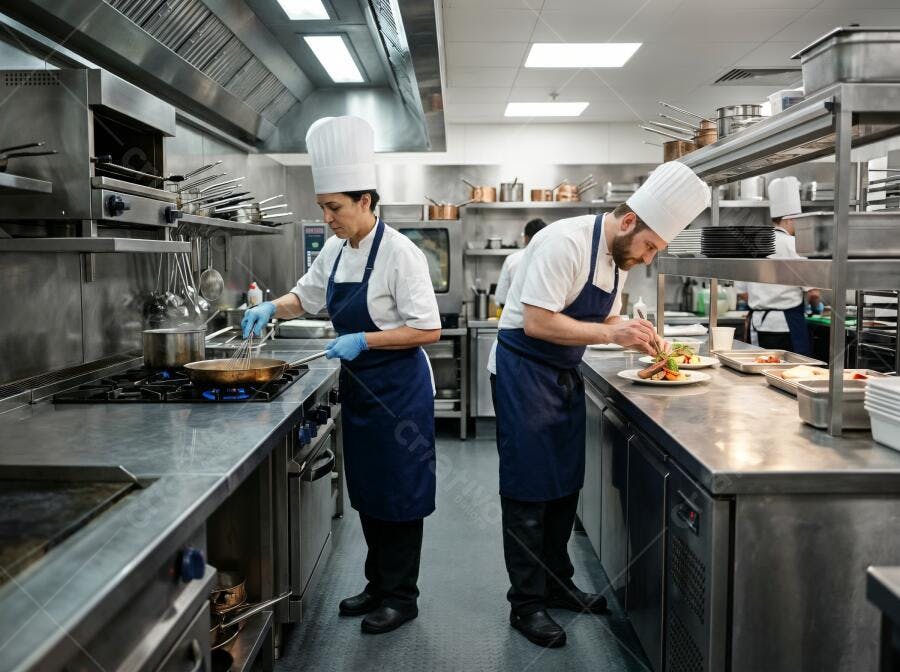 Foto Chef Cozinheira Homem Trabalhando Cozinha Industrial Restaurante