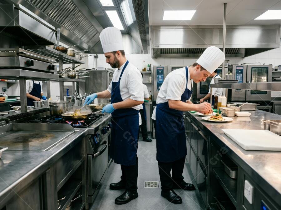 Foto Chefs Cozinheiros Profissionais Trabalhando Cozinha Industrial