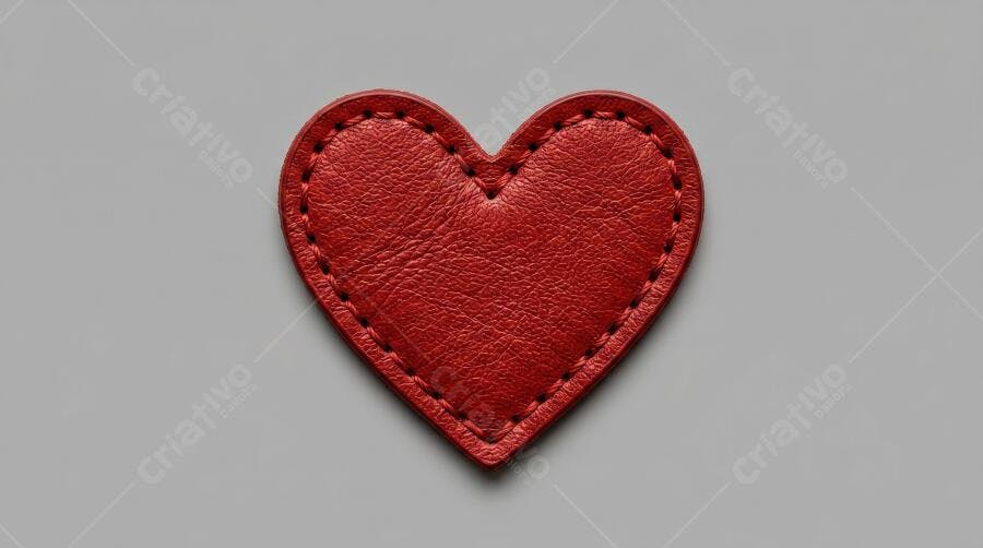 Foto Coração Vermelho Couro Costurado Fundo Cinza
