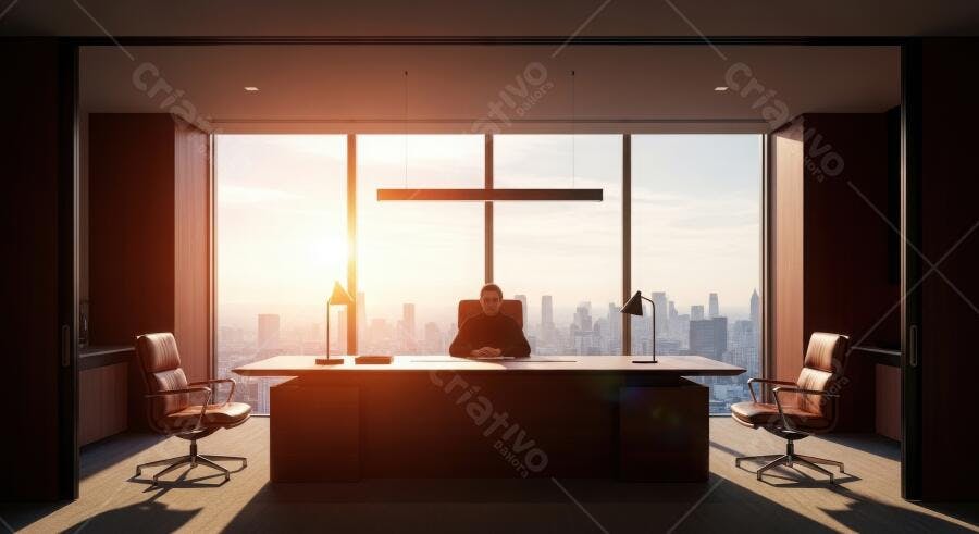 Foto Empresário Sentado Mesa Escritório Luxuoso Pôr do Sol