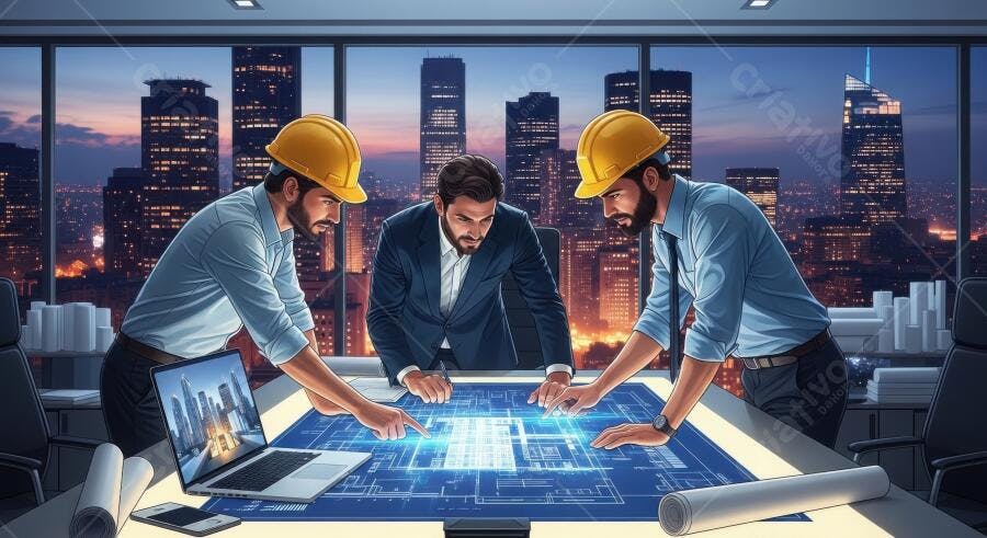 Foto Engenheiros Arquitetos Analisando Projeto Construção Noturno