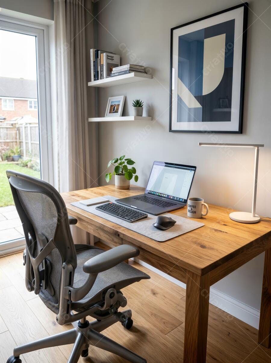 Foto Escritório em Casa Moderno Home Office com Laptop e Cadeira Ergonômica