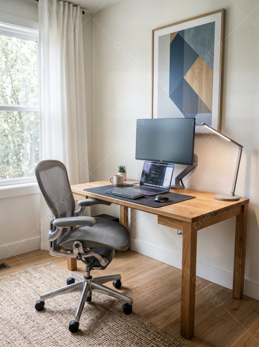 Foto Escritório Home Office Moderno Cadeira Ergonômica Mesa Madeira