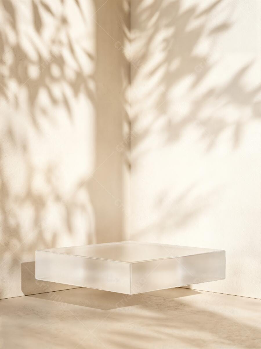 Foto Estúdio Pedestal Transparente Sombra Folhas Fundo Bege