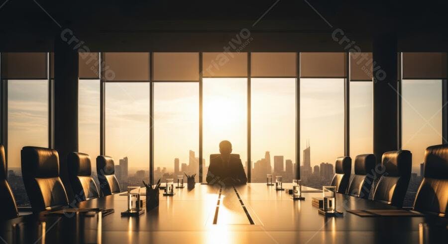 Foto Executivo Observando Cidade Janela Sala Reunião Pôr do Sol