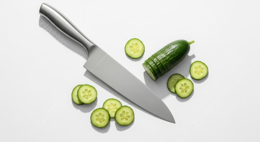 Foto Faca de Cozinha Pepino Fatiado Fundo Branco Flat Lay