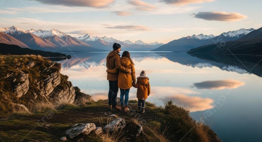 Foto Família Admirando Lago Montanhas Pôr do Sol Inverno