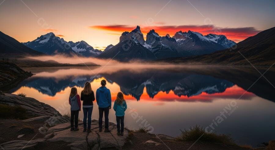 Foto Família Admirando Montanhas Lago Refletindo Pôr do Sol