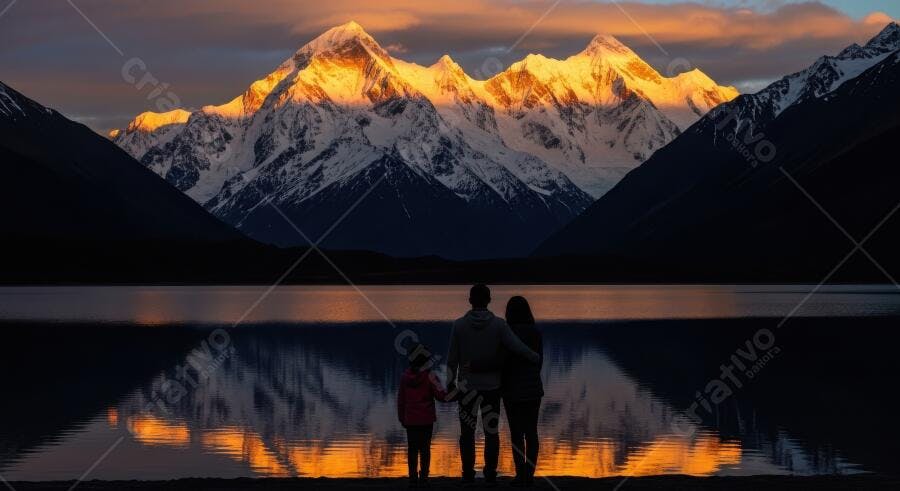 Foto Família Admirando Montanhas Nevadas Lago Pôr do Sol