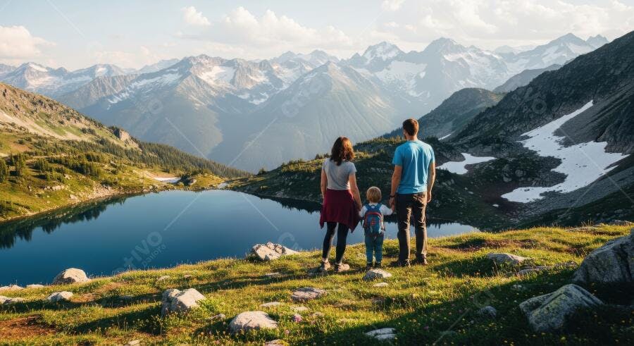 Foto Família Admirando Paisagem Montanhas Lago Natureza