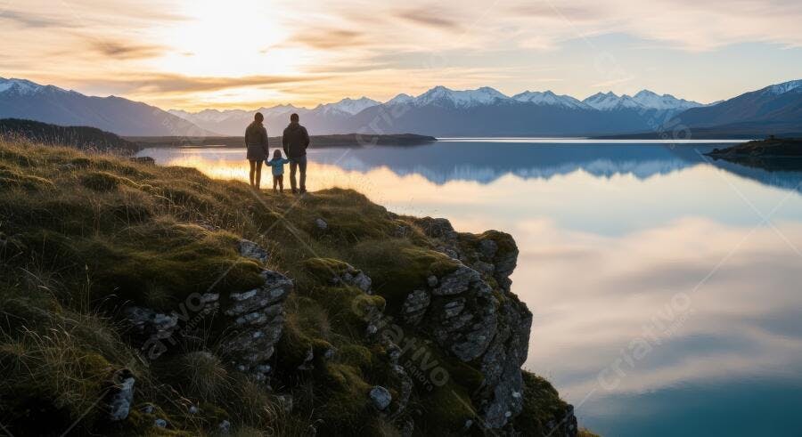 Foto Família Admirando Paisagem Montanhas Lago Pôr do Sol