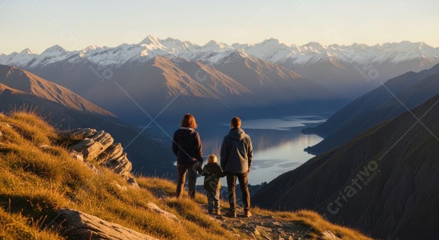 Foto Família Admirando Paisagem Montanhas Nevadas Lago Pôr do Sol