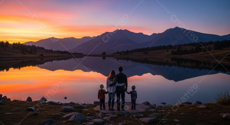 Foto Família Admirando Pôr do Sol Lago Montanhas Silhueta