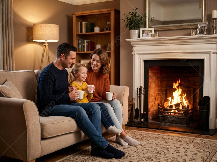Foto Família Branca Feliz Lareira Sala de Estar Aconchegante