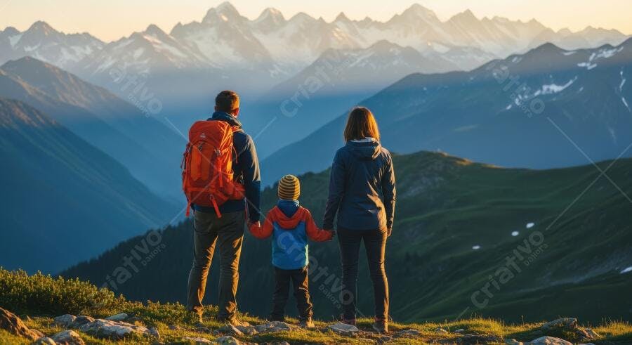 Foto Família Caminhando Montanhas Pôr do Sol Aventura Natureza