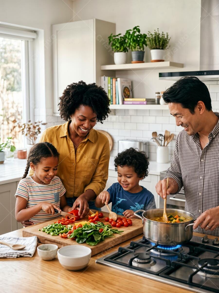 Foto Família Cozinhando Feliz na Cozinha com Crianças
