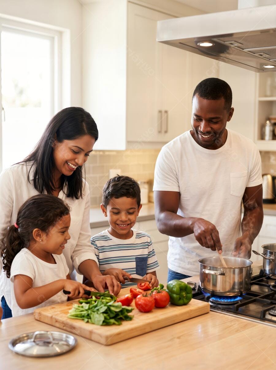Foto Família Cozinhando Juntos Crianças Aprendendo na Cozinha
