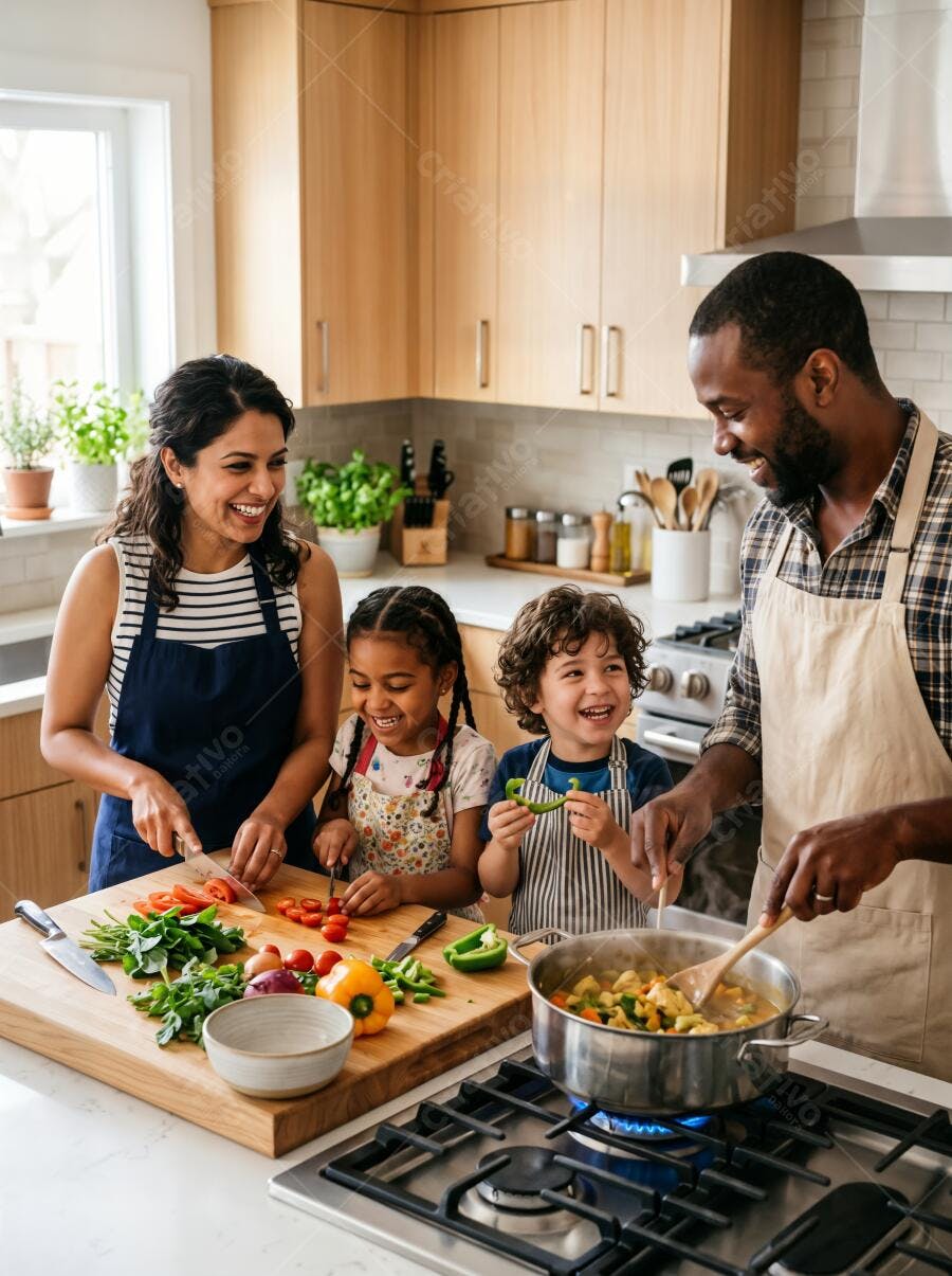 Foto Família Cozinhando Juntos Crianças Felizes Cozinha Moderna