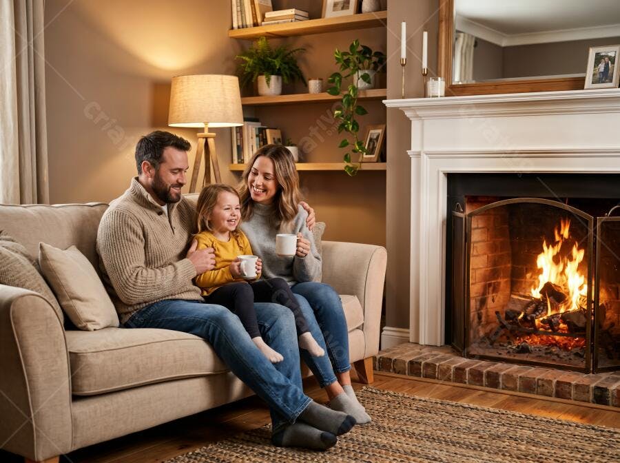 Foto Família Feliz Lareira Casa Aconchegante Inverno
